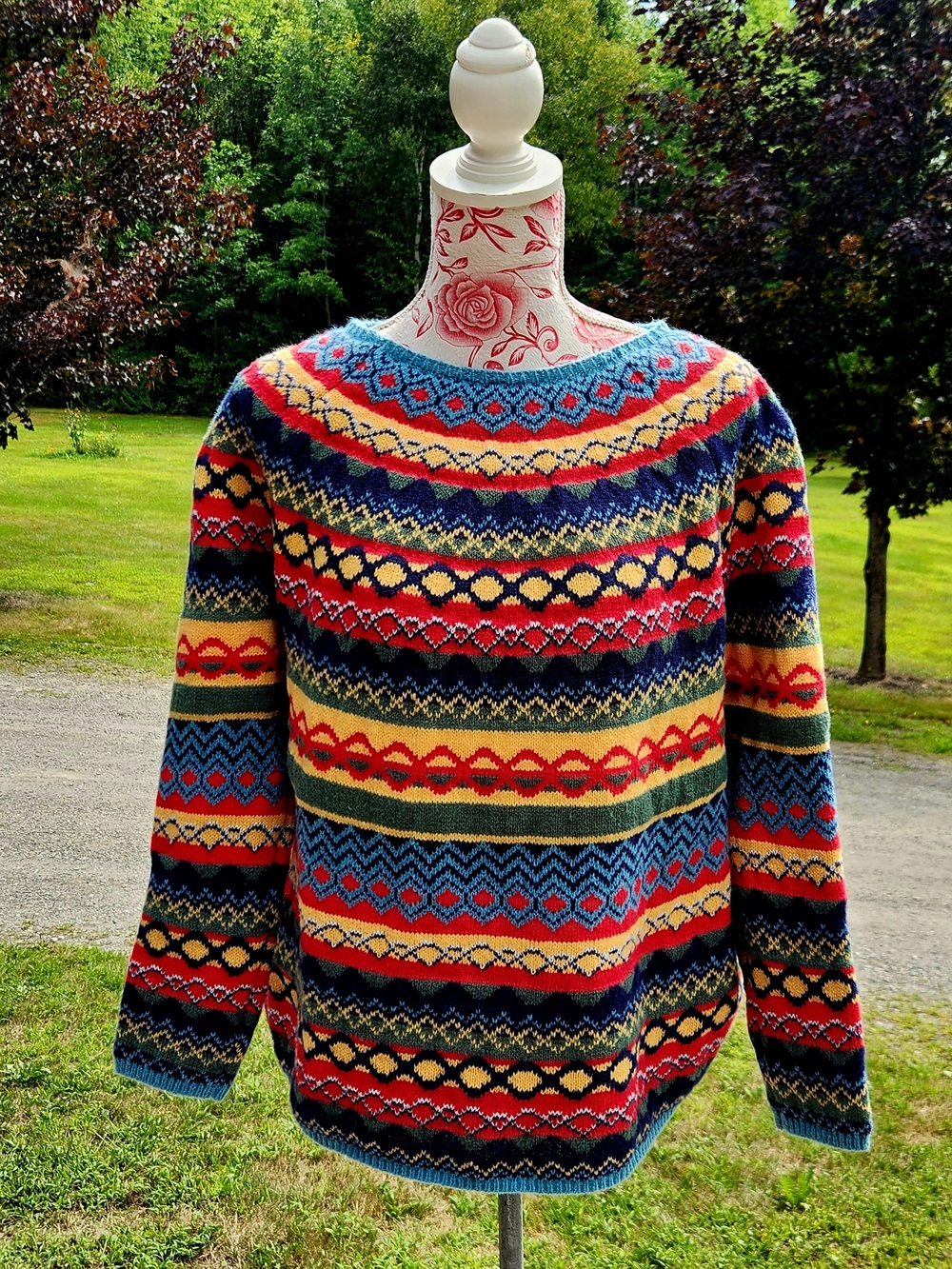 Amazon Women's Multicolor Fair Isle Crewneck Sweater - Red, Blue, Yellow, Green
